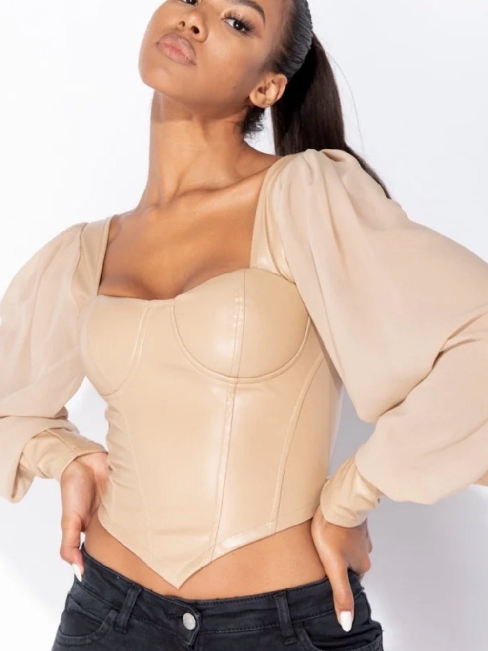 Parisian Works Beige Puff-Sleeve Faux-Leather Corset Top